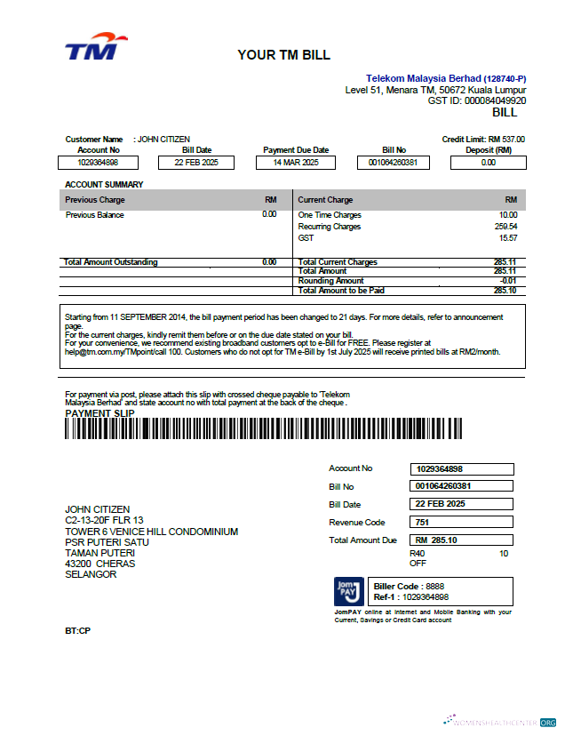 download download Malaysia Telekom utility bill template in Word and PDF formats PDF template PDF template